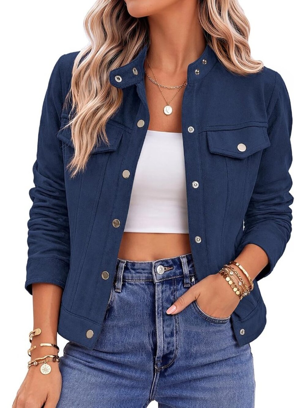 〽️Women's Navy Faux Suede Crop Button Down Collared Trendy Fall Shacket Coat